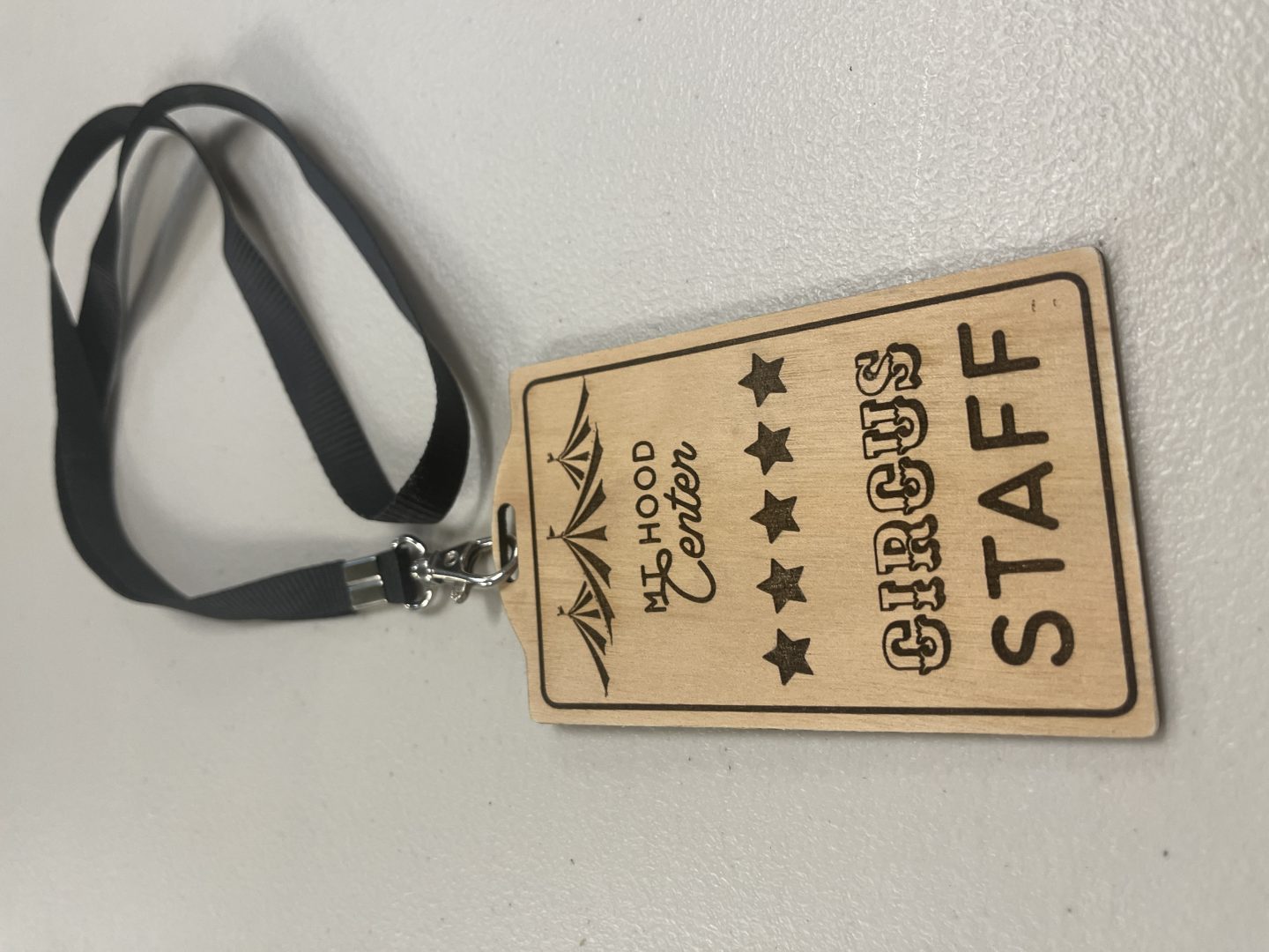 Laser engraved wooden staff badge pass on lanyard for Mt Hood Center Circus event